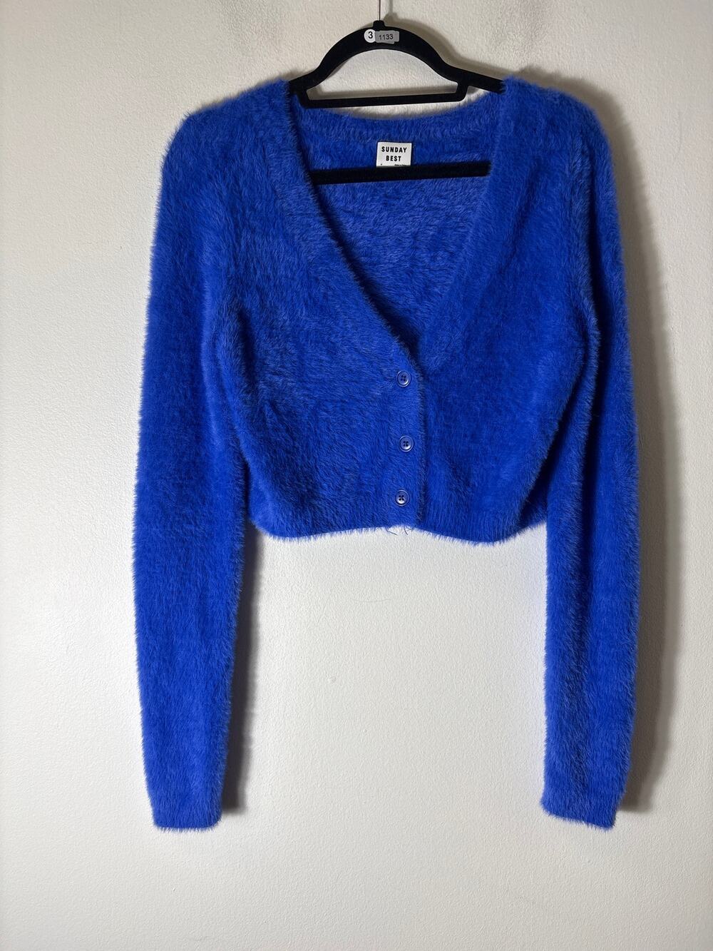 Sunday Best Bright Blue Long Sleeve Fuzzy CROPPED Cardigan Sweater Sz M